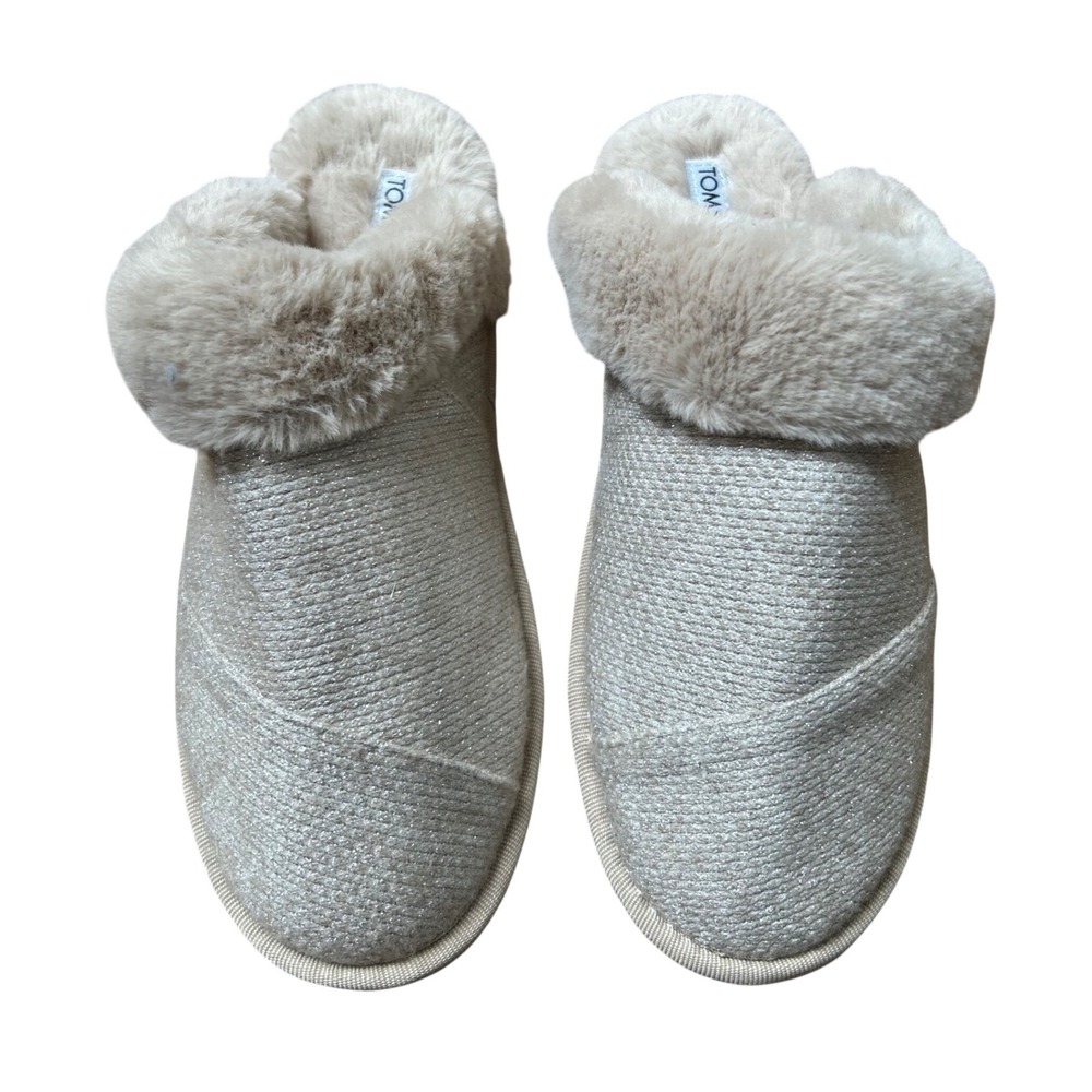 TOMS Valerie Mule Slippers Beige Sparkle Knit Faux Fur Size 7 NEW! $70